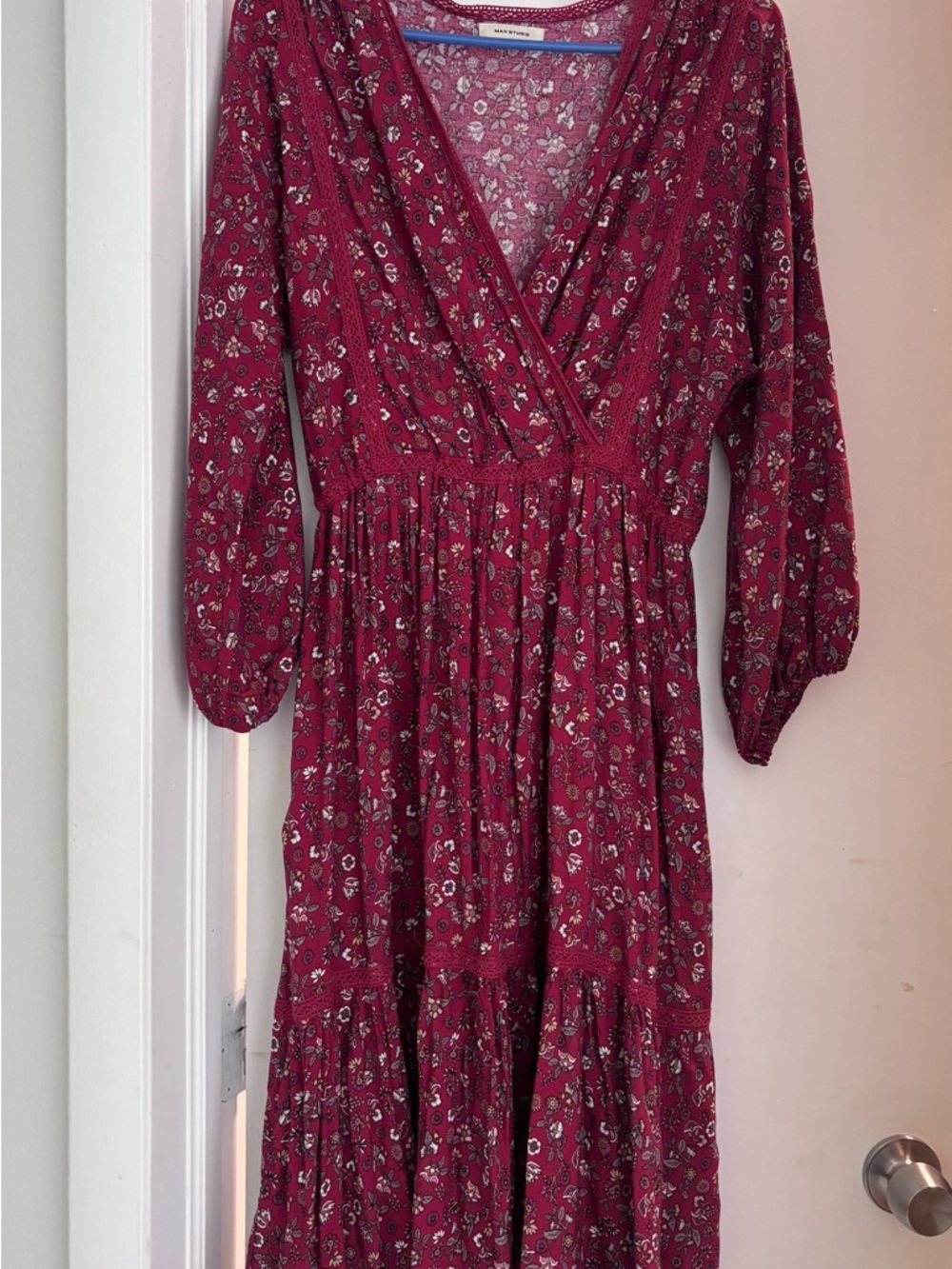 Max Studio Burgundy Floral Long-Sleeve Wrap Maxi Dress